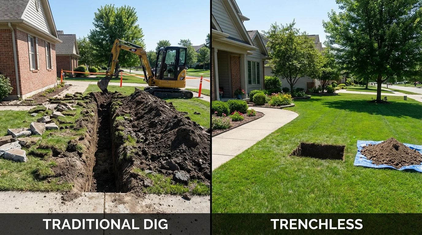 Trenchless sewer repair with minimal yard damage versus traditional excavation in Lowell, AR