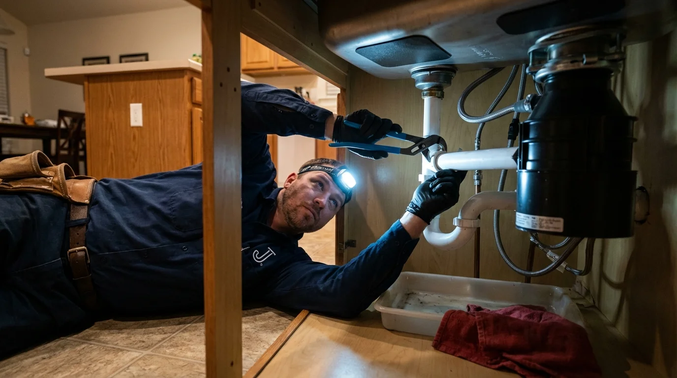 P-trap and supply line connections under a kitchen sink showing a common leak point in Lowell, AR